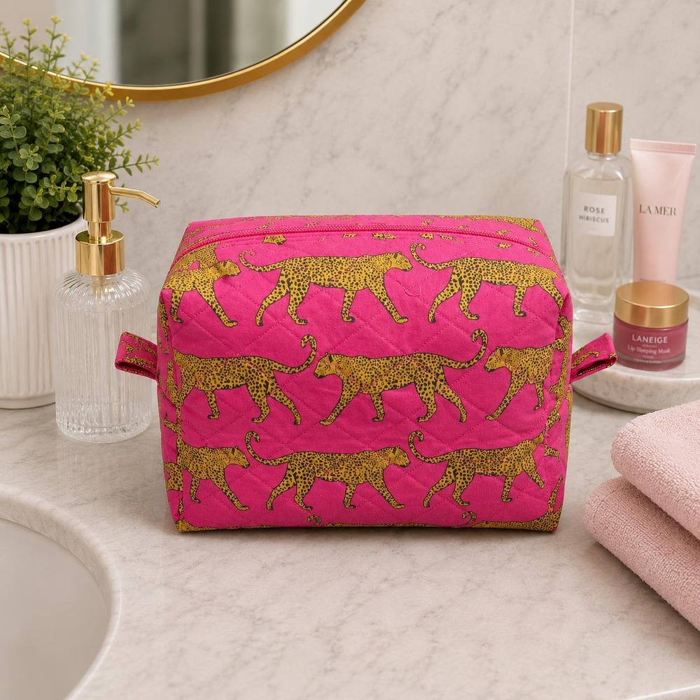 Pink Cheetah Cosmetic Bag, Quilted Toiletry Bag, Makeup Organizer, Gift for Her
